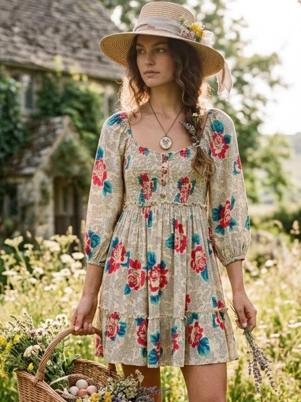 Free People Summer Picnic Floral Smocked Mini Dress Small Cottagecore Boho